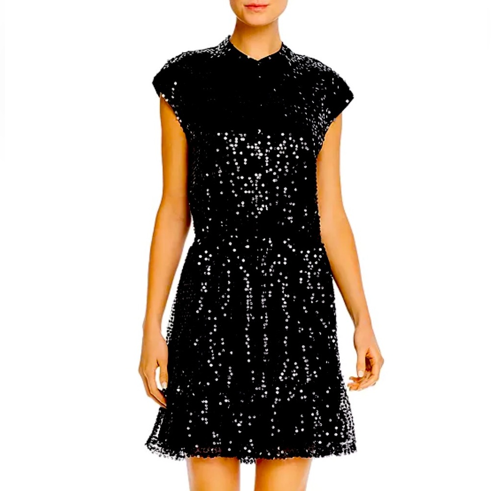 NWT Rebecca Minkoff Hailey black sequined minidress size L. Gathered waist.
